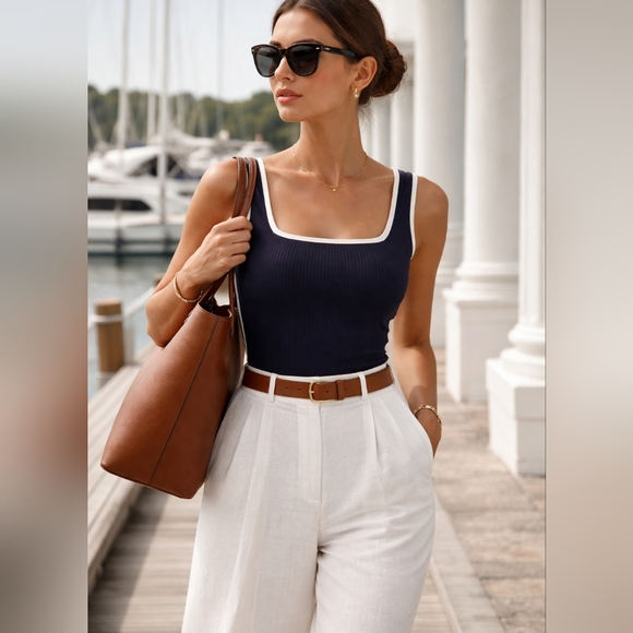 Kaileigh Tops - Kaileigh Ribbed Contrast Trim Bodysuit – Navy/Cream – Size L